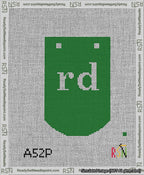 A taped needlepoint canvas with the design: Banner 13 mesh count Curved rd White on Green.