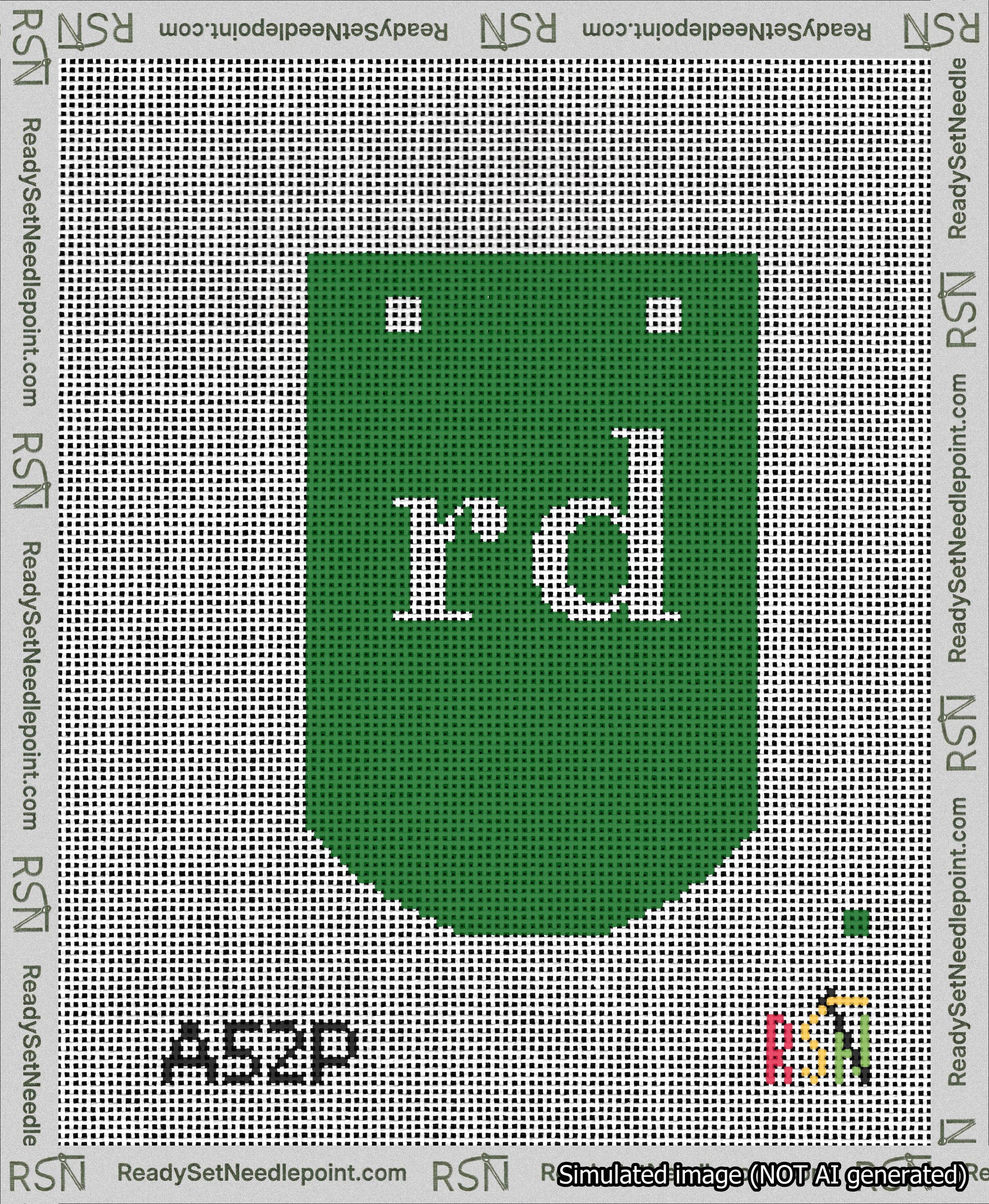 A taped needlepoint canvas with the design: Banner 13 mesh count Curved rd White on Green.