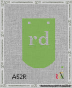 A taped needlepoint canvas with the design: Banner 13 mesh count Curved rd White on Light Green.