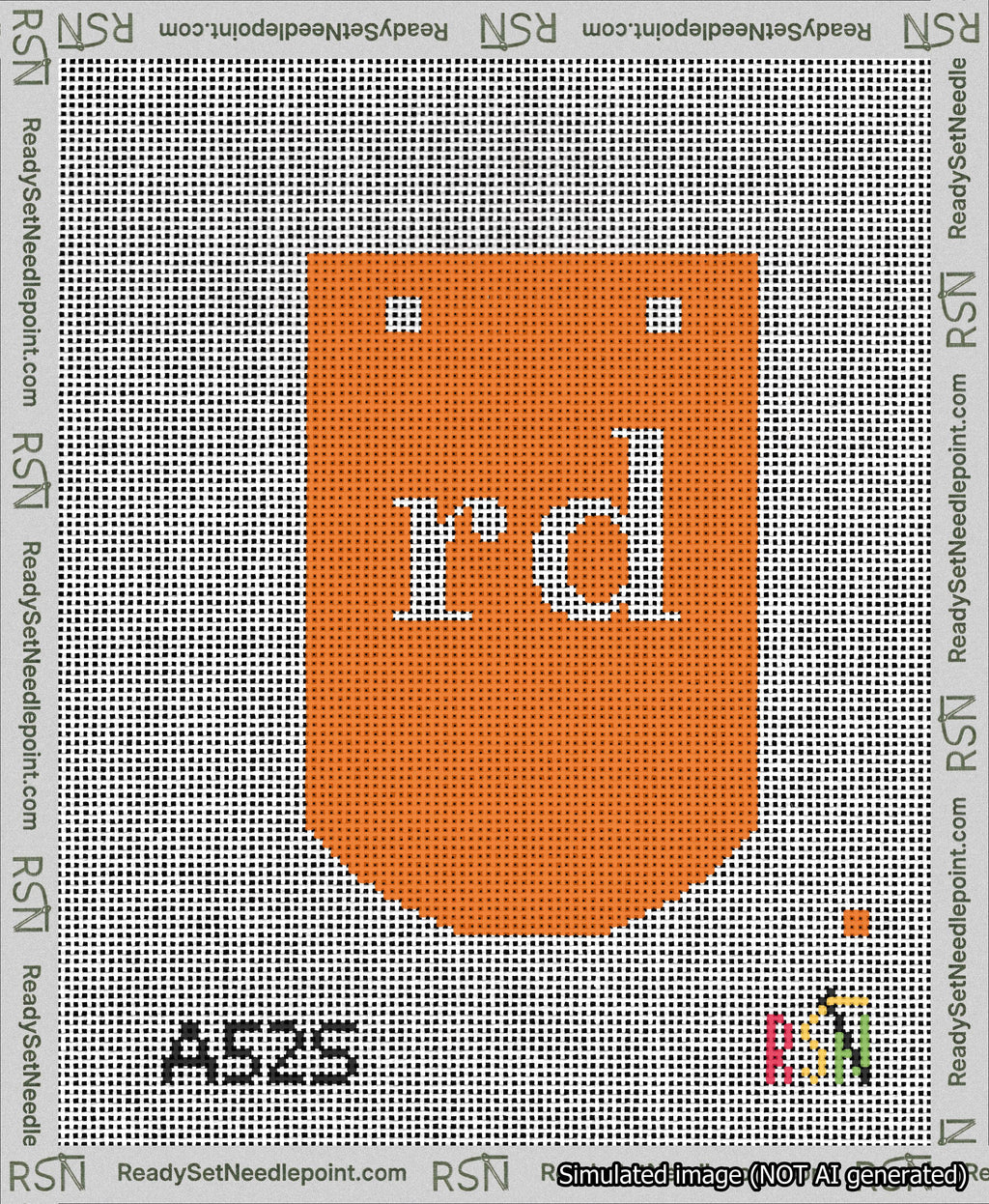 A taped needlepoint canvas with the design: Banner 13 mesh count Curved rd White on Orange.