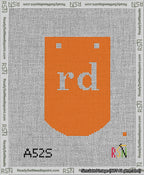 A taped needlepoint canvas with the design: Banner 13 mesh count Curved rd White on Orange.
