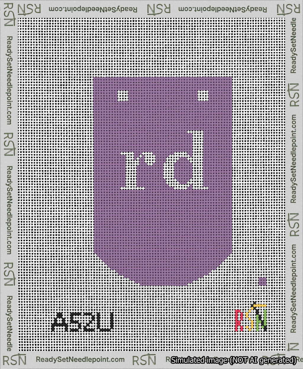 A taped needlepoint canvas with the design: Banner 13 mesh count Curved rd White on Purple.