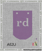 A taped needlepoint canvas with the design: Banner 13 mesh count Curved rd White on Purple.