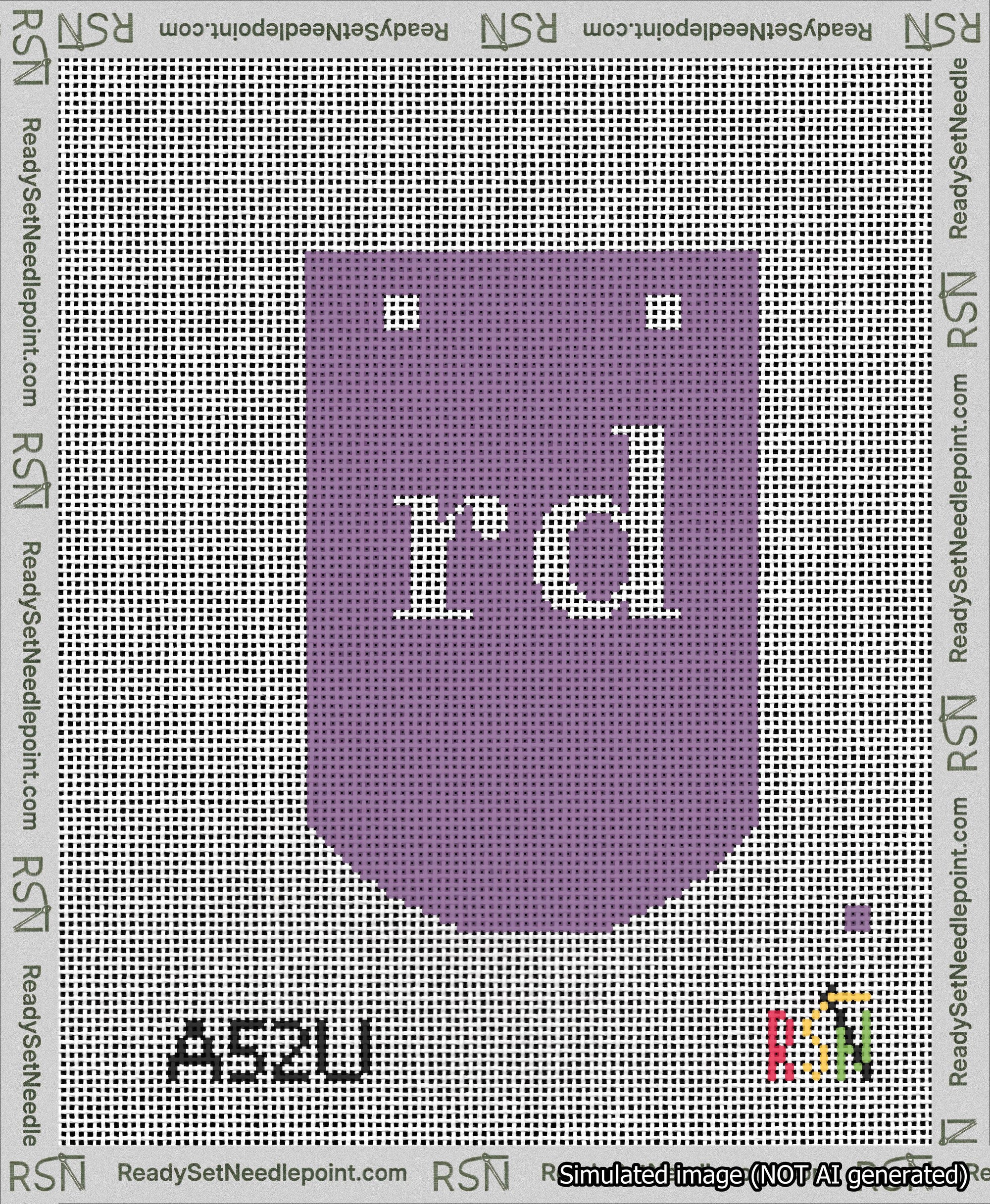 A taped needlepoint canvas with the design: Banner 13 mesh count Curved rd White on Purple.
