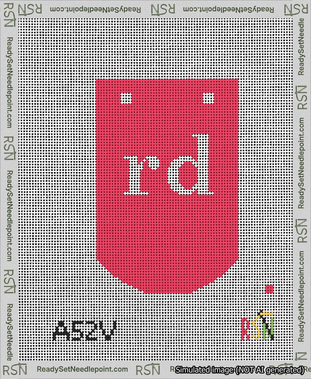 A taped needlepoint canvas with the design: Banner 13 mesh count Curved rd White on Red.