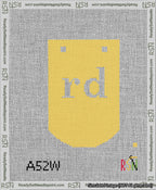 A taped needlepoint canvas with the design: Banner 13 mesh count Curved rd White on Yellow.