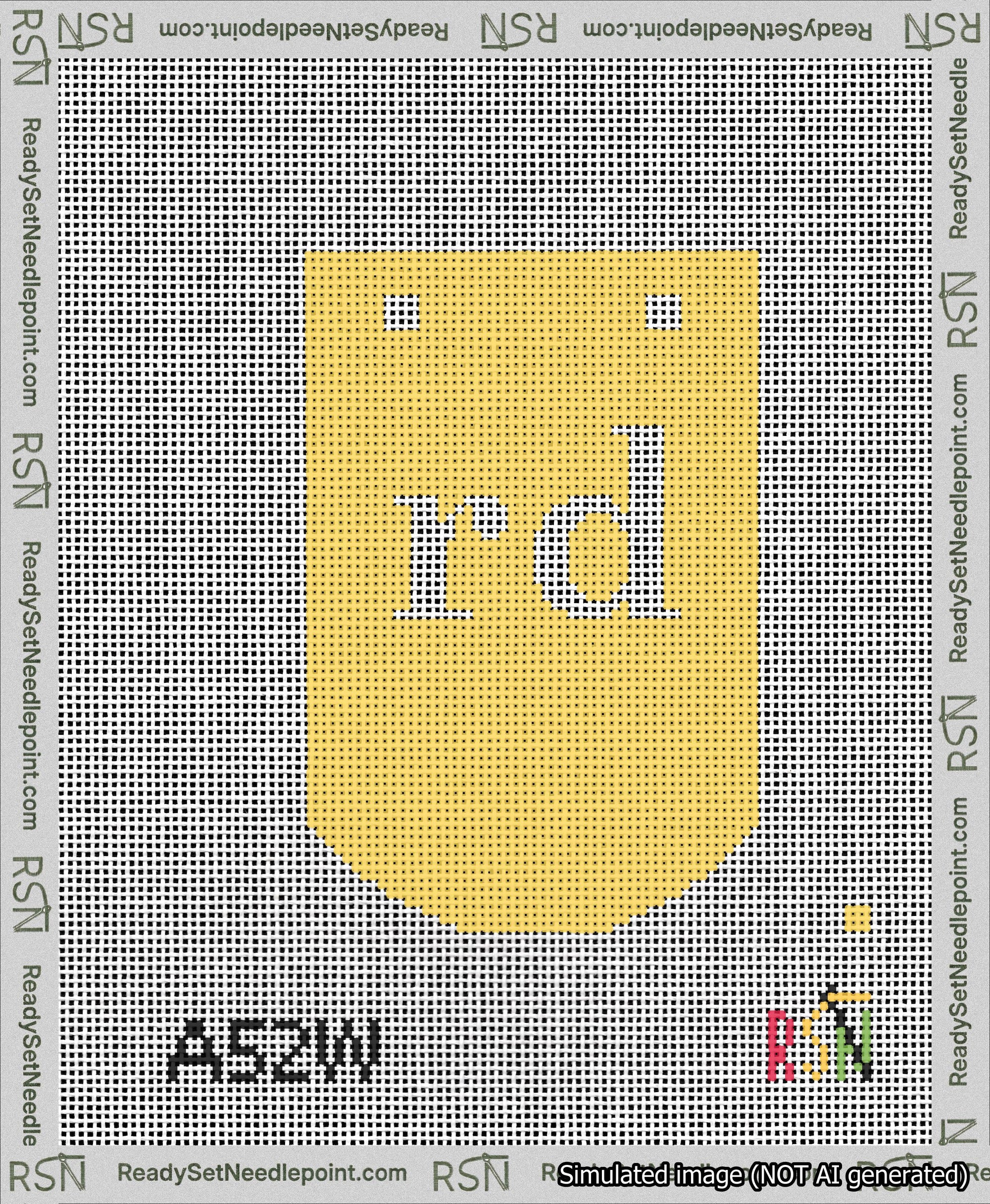 A taped needlepoint canvas with the design: Banner 13 mesh count Curved rd White on Yellow.
