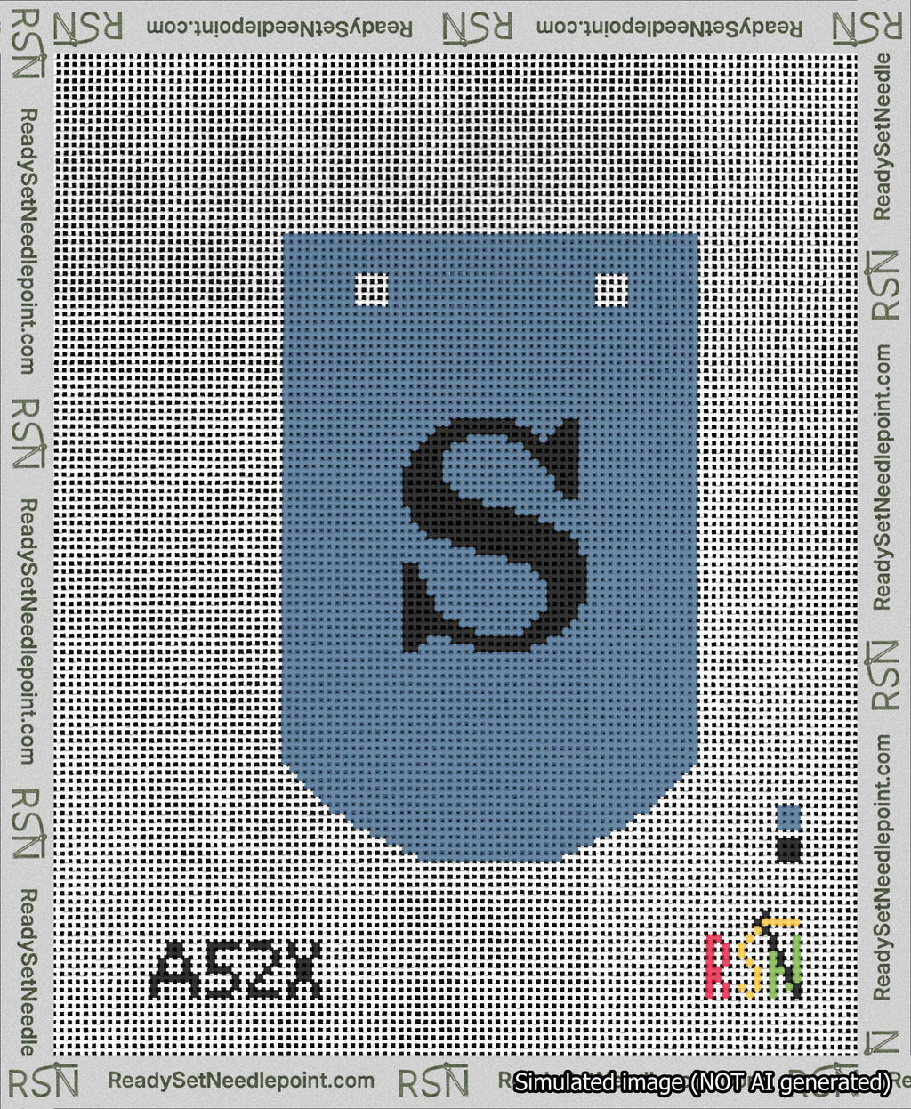 A taped needlepoint canvas with the design: Banner 13 mesh count Curved S Black on Blue.