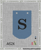 A taped needlepoint canvas with the design: Banner 13 mesh count Curved S Black on Blue.