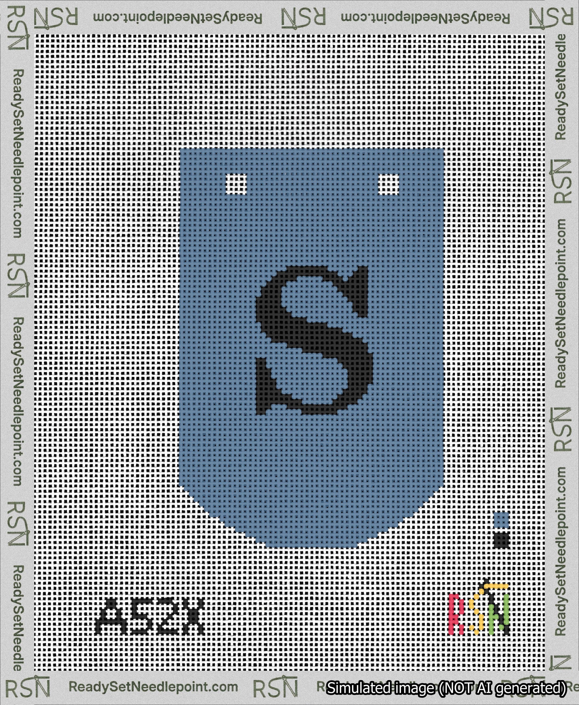 A taped needlepoint canvas with the design: Banner 13 mesh count Curved S Black on Blue.