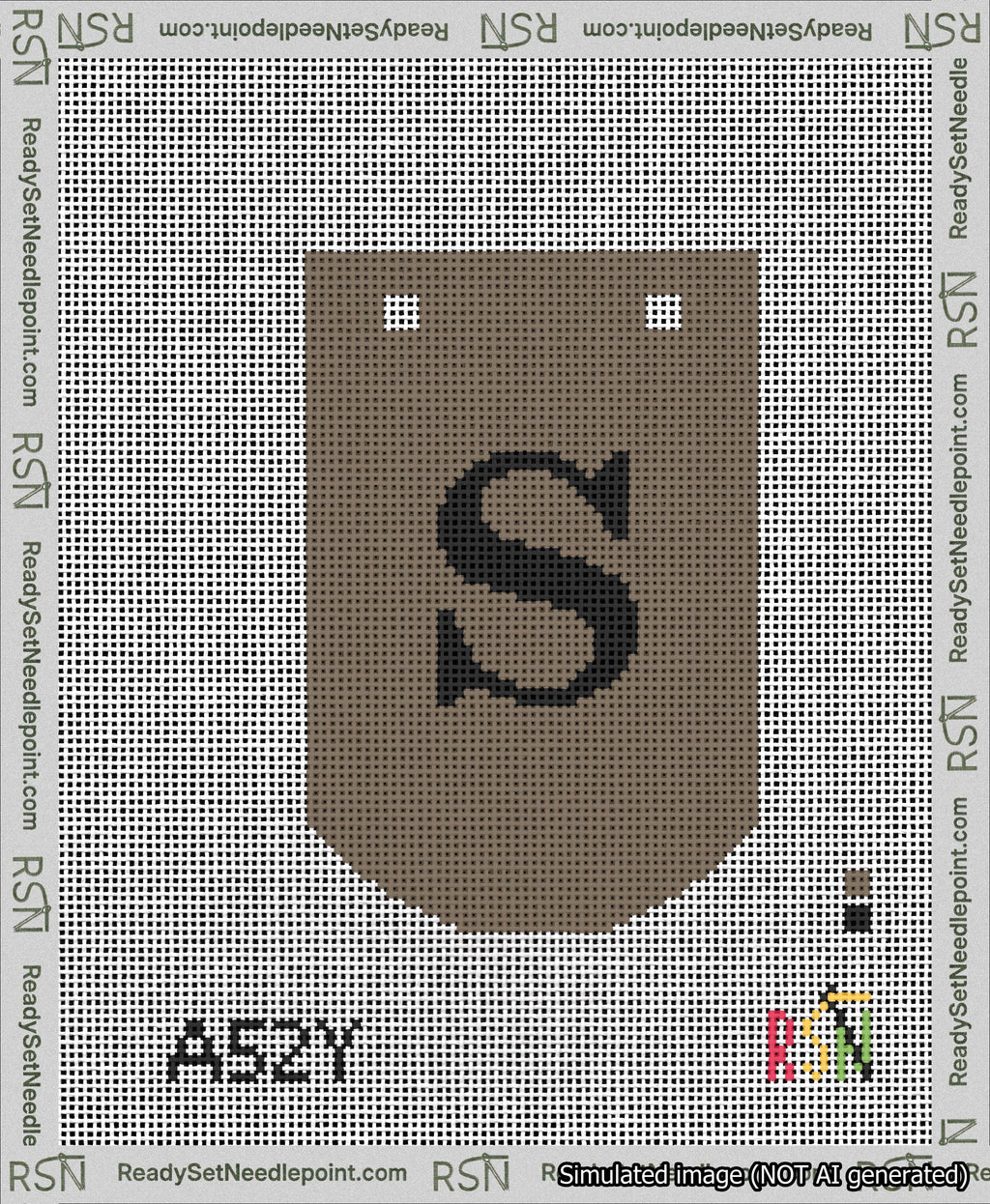 A taped needlepoint canvas with the design: Banner 13 mesh count Curved S Black on Brown.