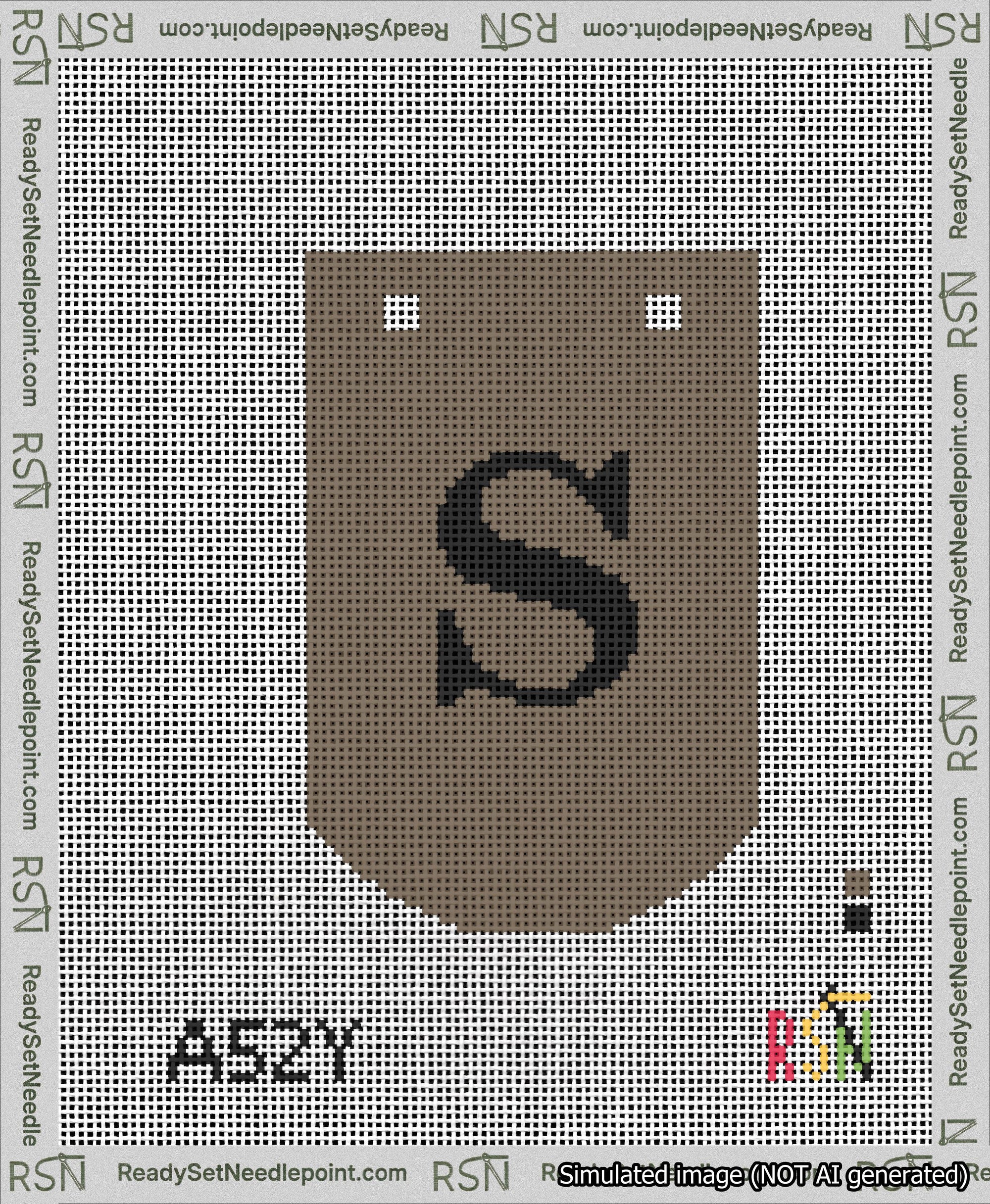 A taped needlepoint canvas with the design: Banner 13 mesh count Curved S Black on Brown.