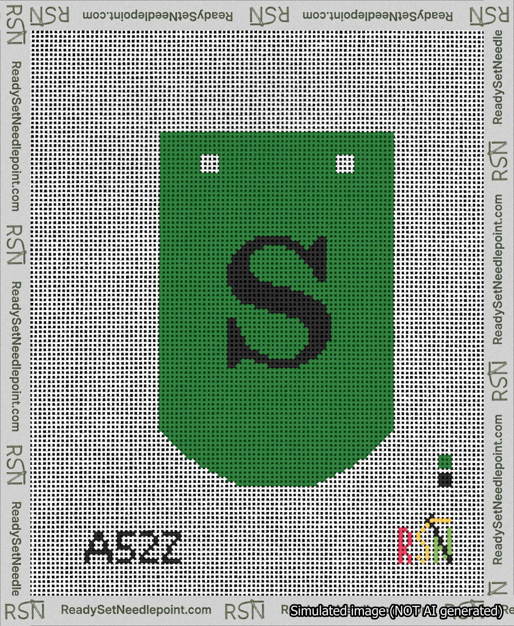 A taped needlepoint canvas with the design: Banner 13 mesh count Curved S Black on Green.
