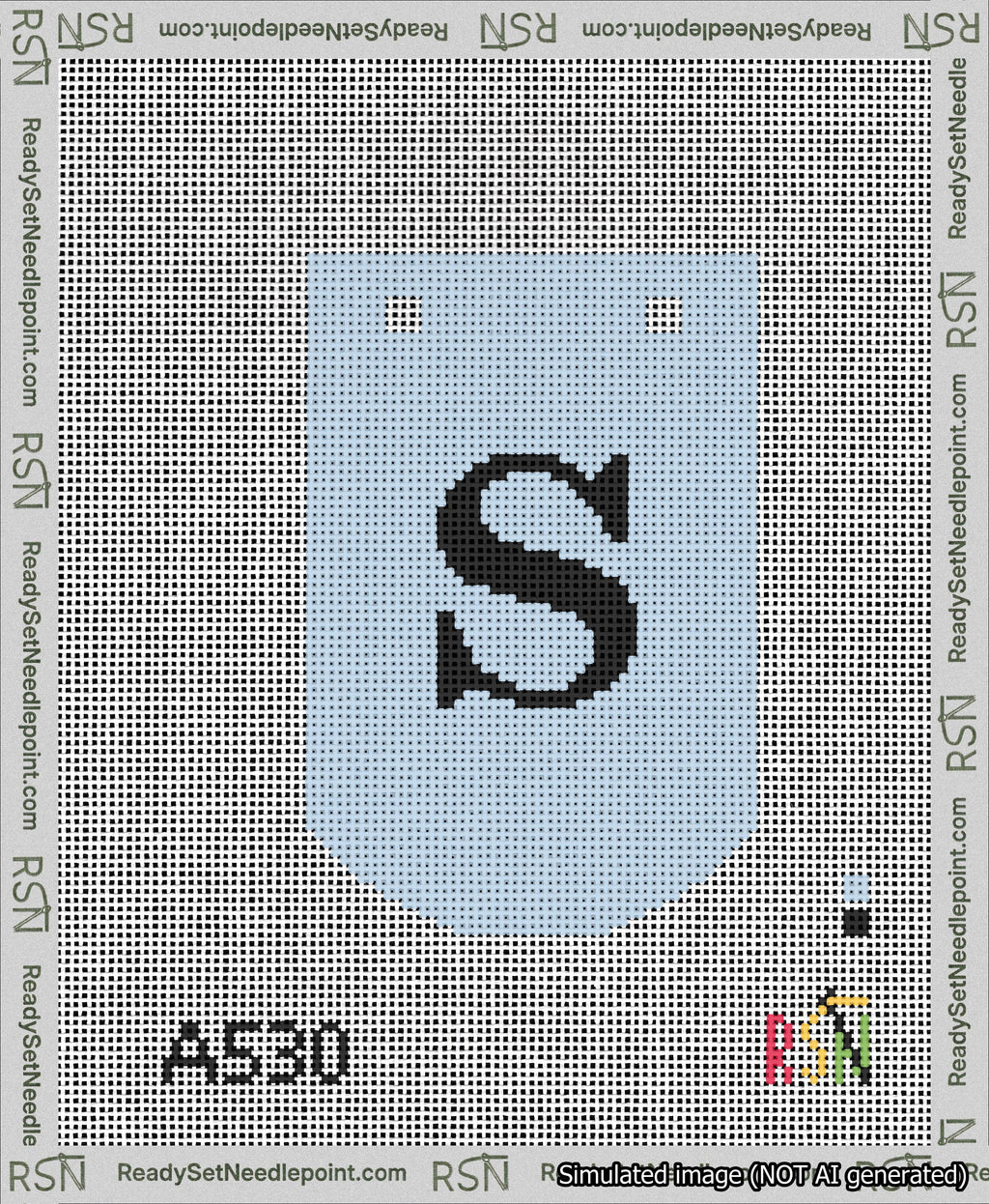 A taped needlepoint canvas with the design: Banner 13 mesh count Curved S Black on Light Blue.