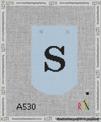 A taped needlepoint canvas with the design: Banner 13 mesh count Curved S Black on Light Blue.