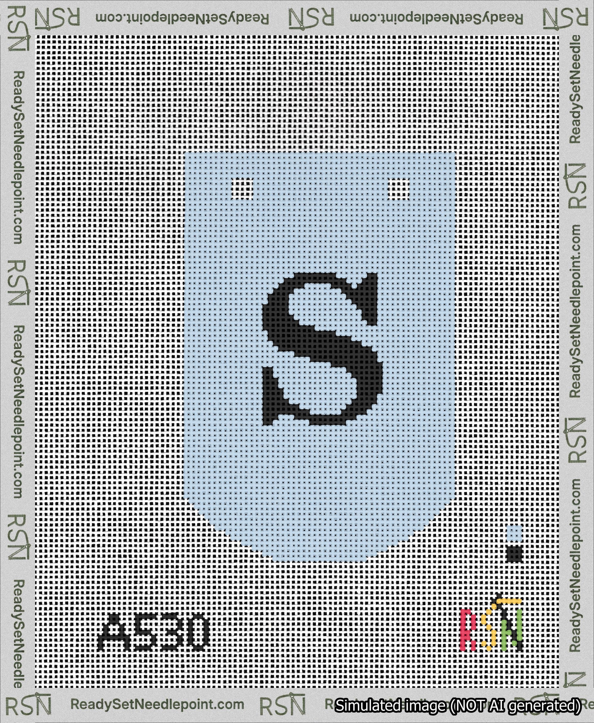 A taped needlepoint canvas with the design: Banner 13 mesh count Curved S Black on Light Blue.