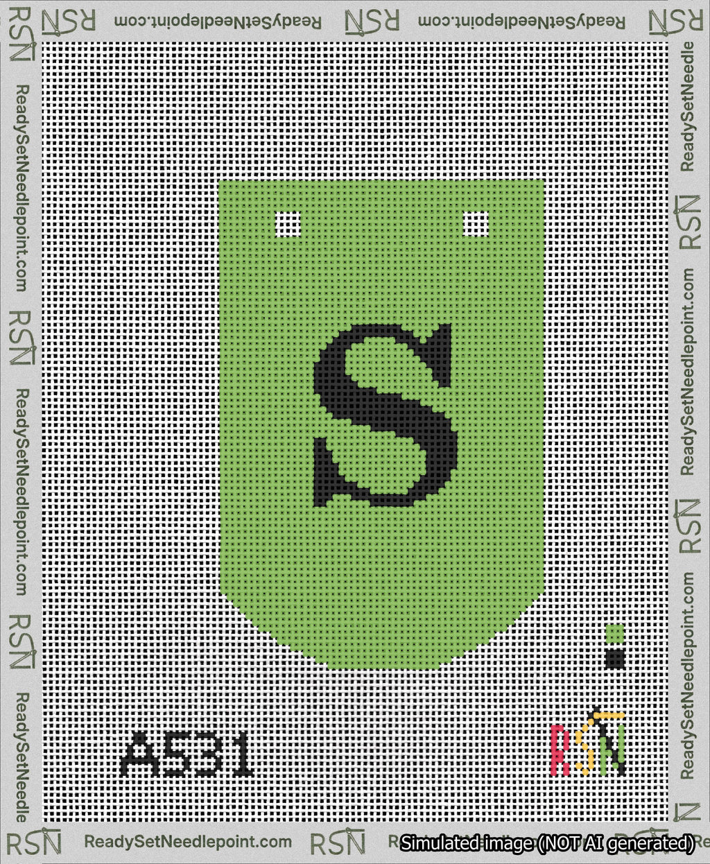 A taped needlepoint canvas with the design: Banner 13 mesh count Curved S Black on Light Green.