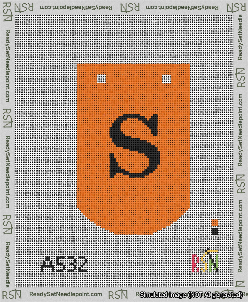 A taped needlepoint canvas with the design: Banner 13 mesh count Curved S Black on Orange.