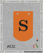 A taped needlepoint canvas with the design: Banner 13 mesh count Curved S Black on Orange.