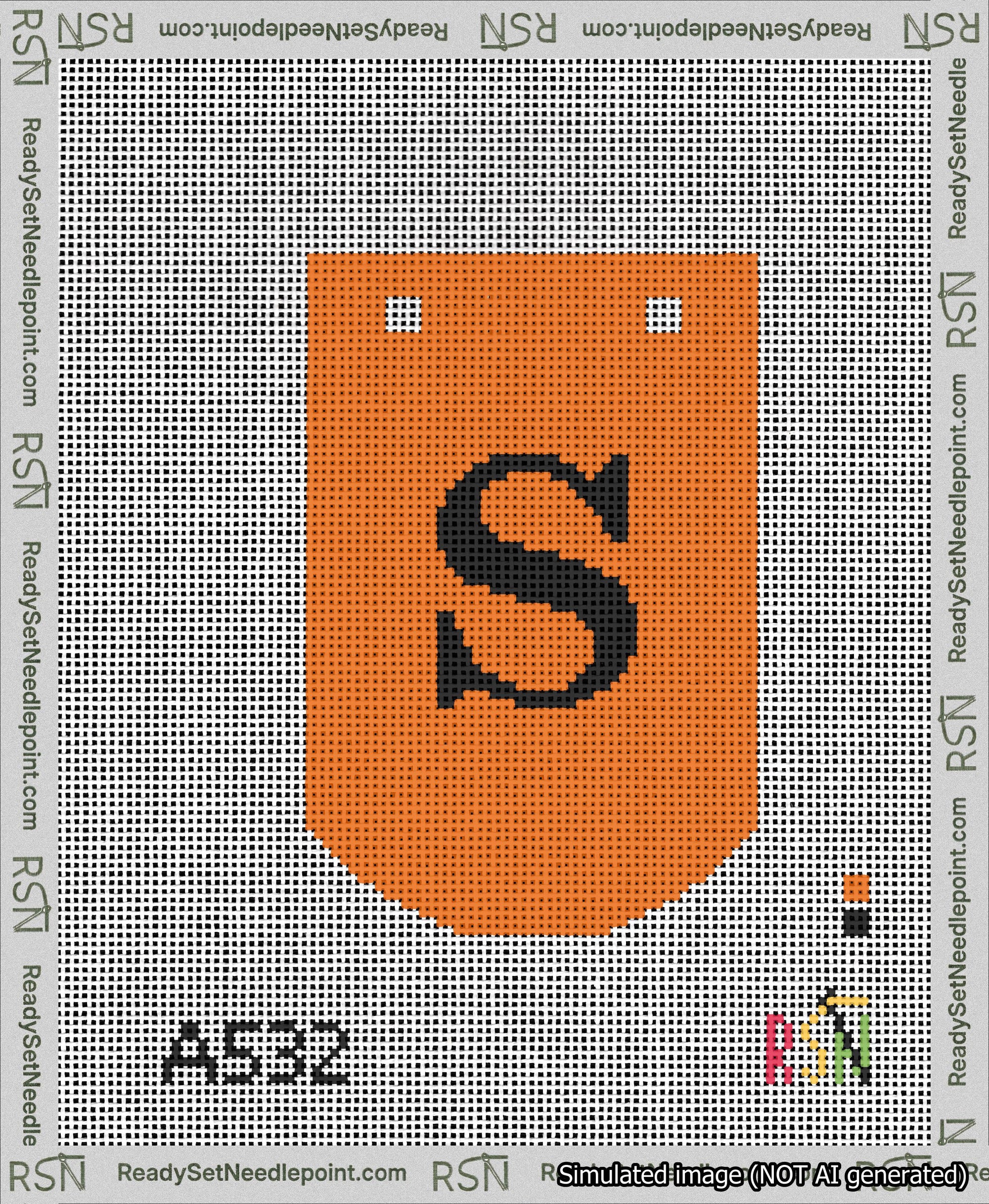 A taped needlepoint canvas with the design: Banner 13 mesh count Curved S Black on Orange.