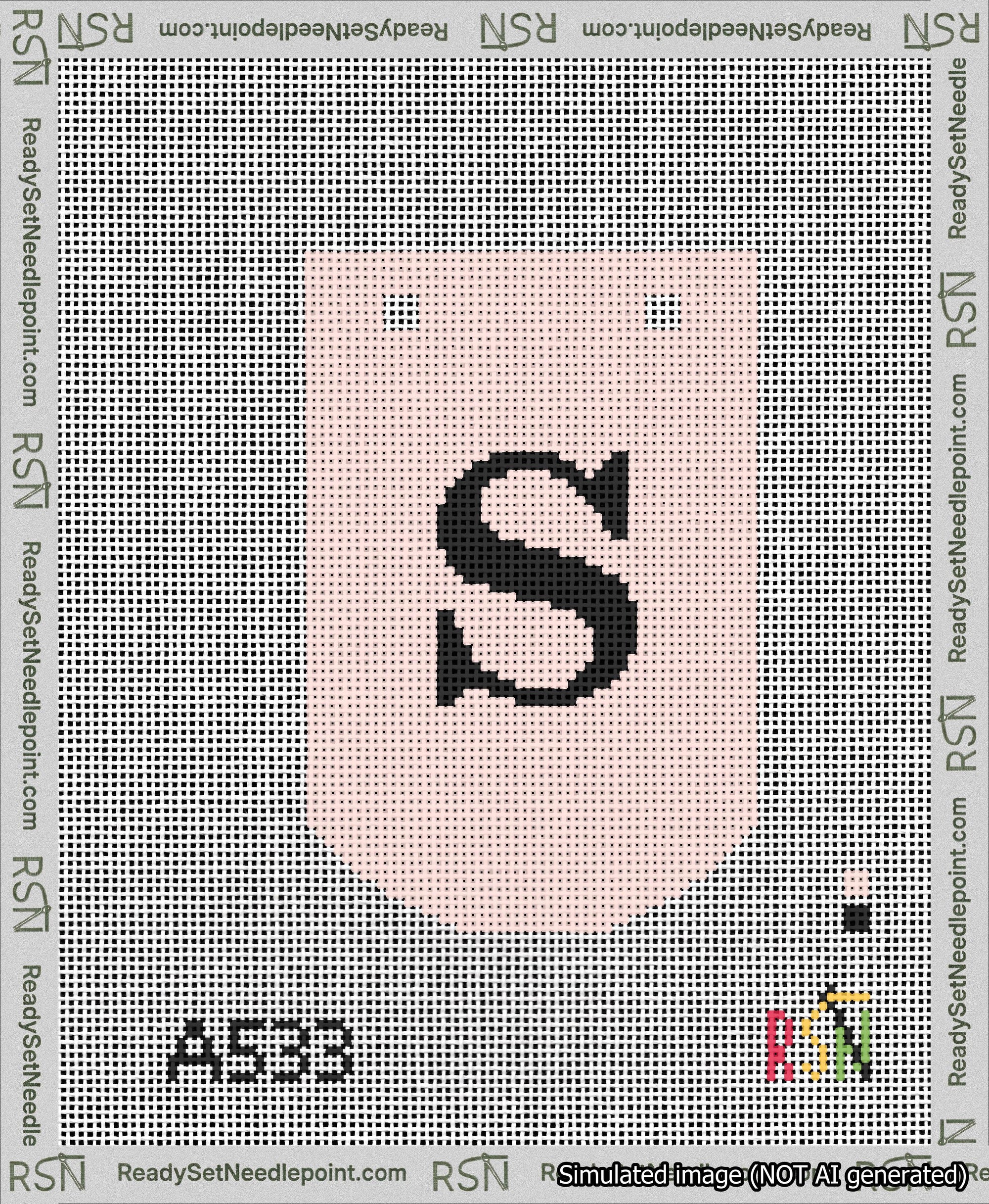 A taped needlepoint canvas with the design: Banner 13 mesh count Curved S Black on Pink.
