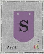 A taped needlepoint canvas with the design: Banner 13 mesh count Curved S Black on Purple.