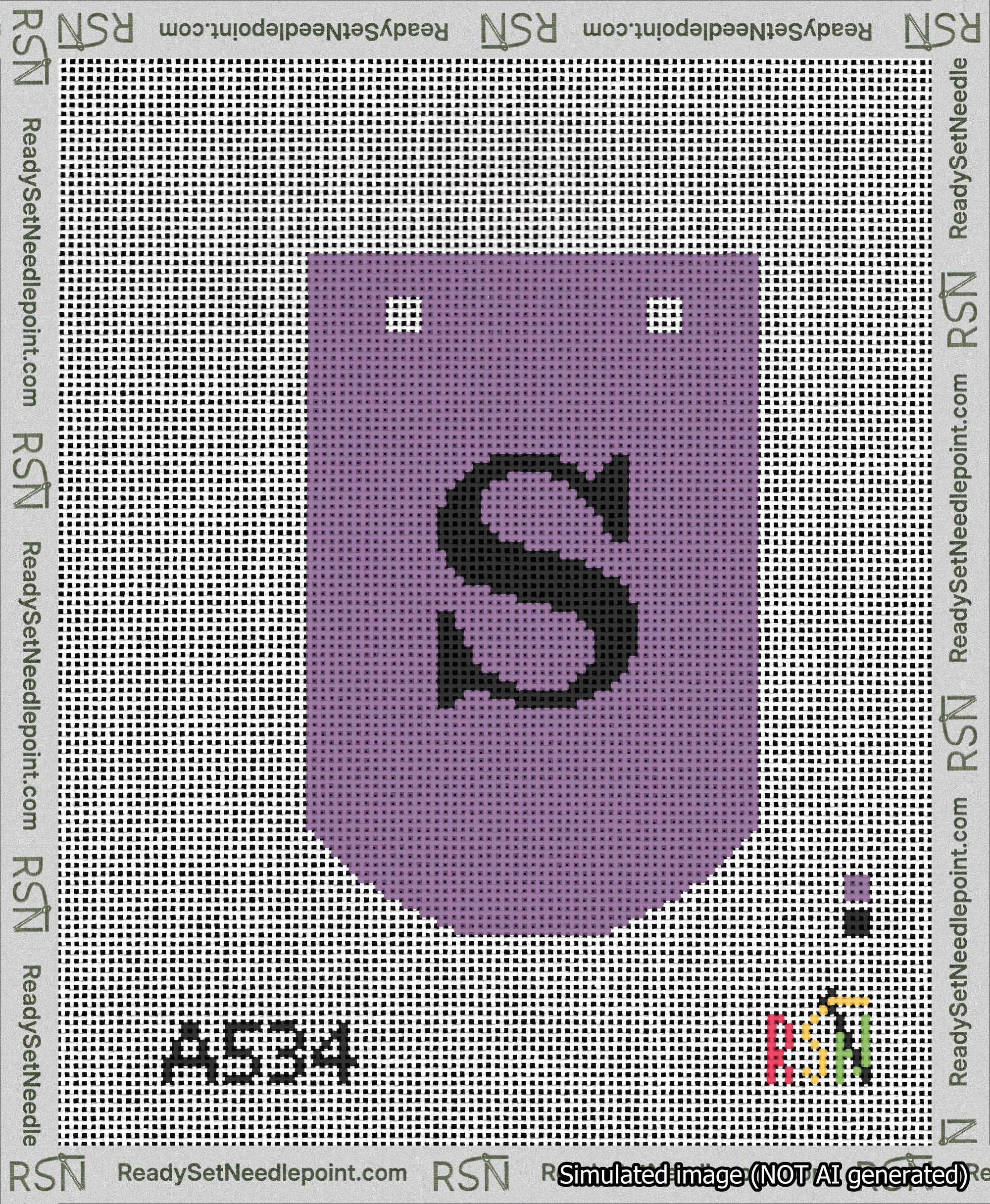 A taped needlepoint canvas with the design: Banner 13 mesh count Curved S Black on Purple.