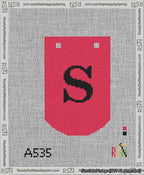 A taped needlepoint canvas with the design: Banner 13 mesh count Curved S Black on Red.