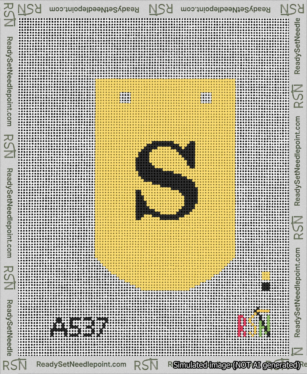 A taped needlepoint canvas with the design: Banner 13 mesh count Curved S Black on Yellow.