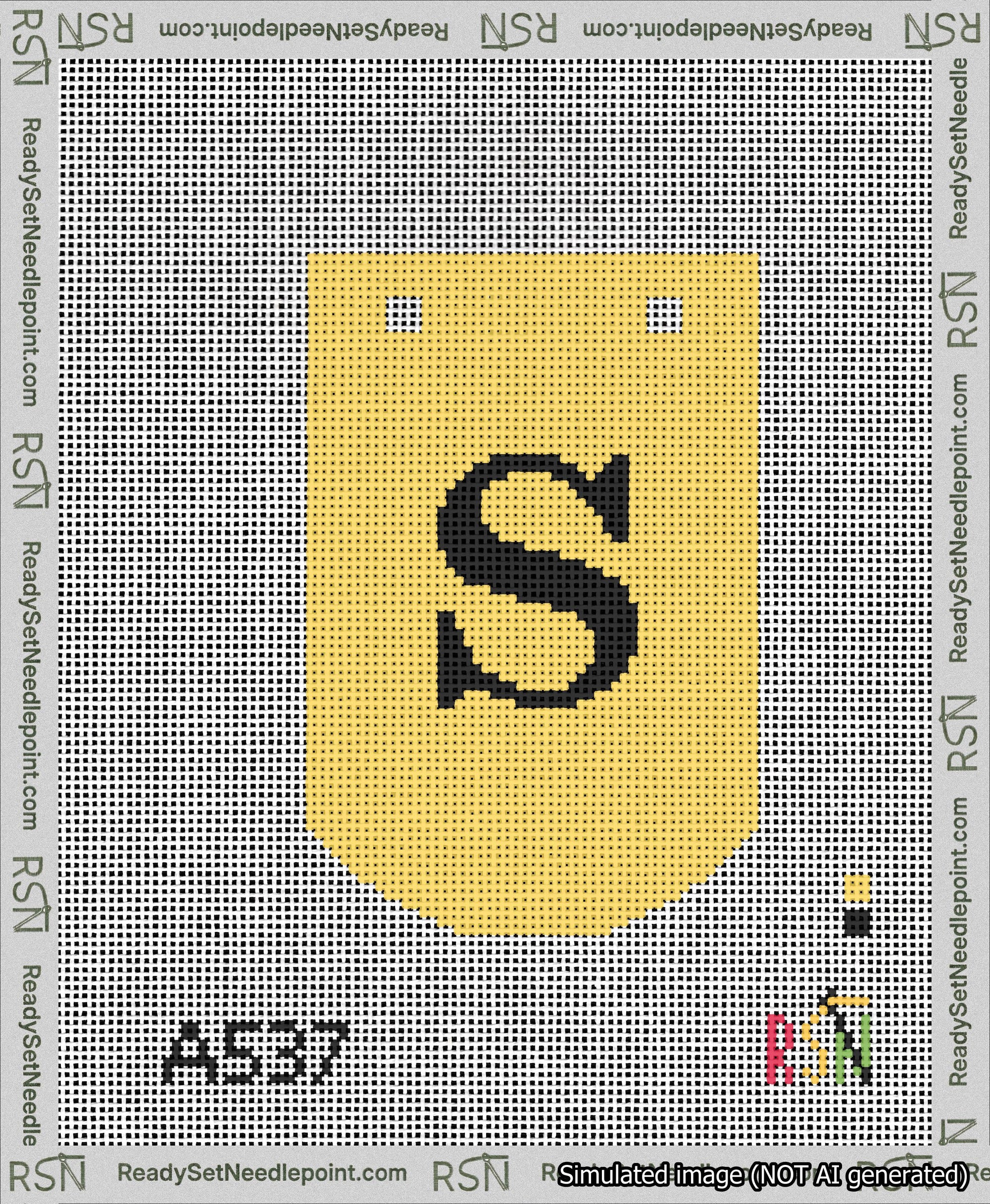 A taped needlepoint canvas with the design: Banner 13 mesh count Curved S Black on Yellow.