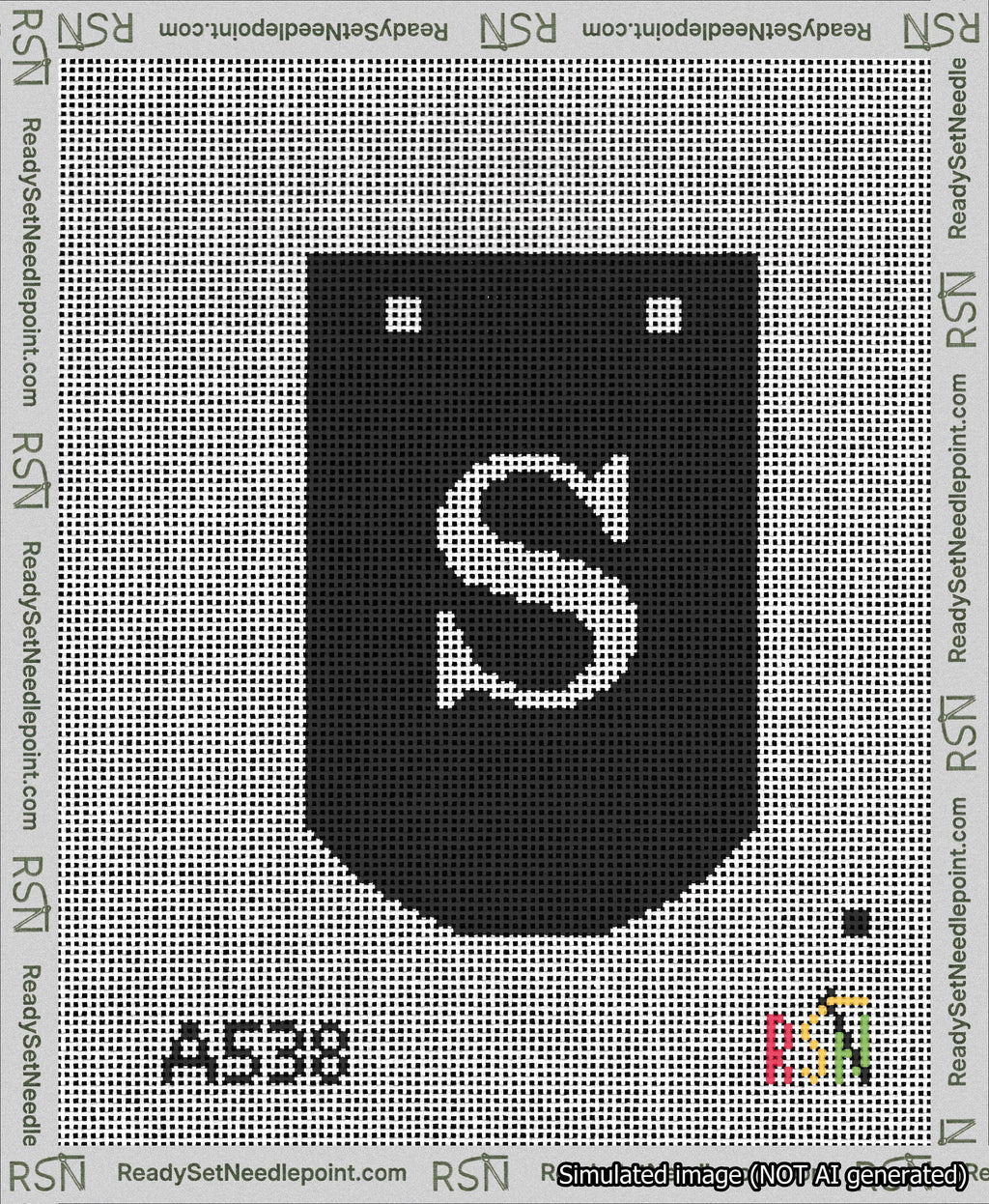 A taped needlepoint canvas with the design: Banner 13 mesh count Curved S White on Black.