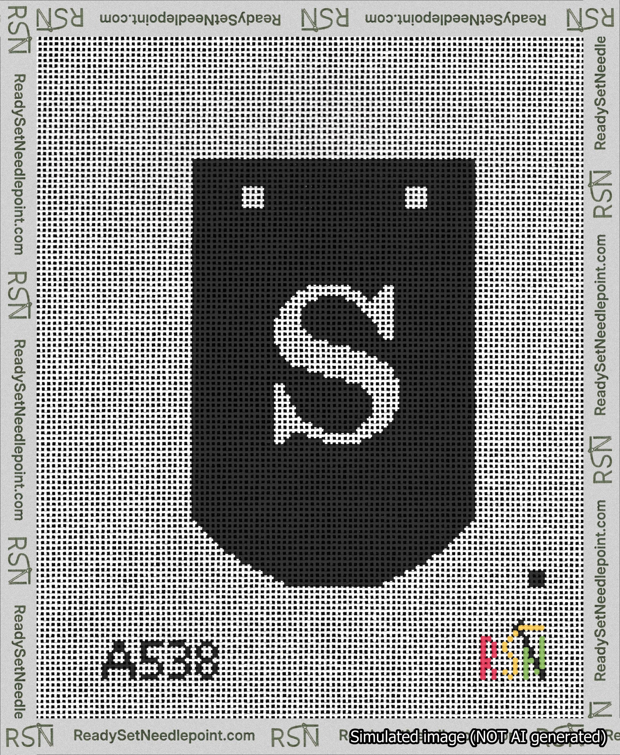 A taped needlepoint canvas with the design: Banner 13 mesh count Curved S White on Black.