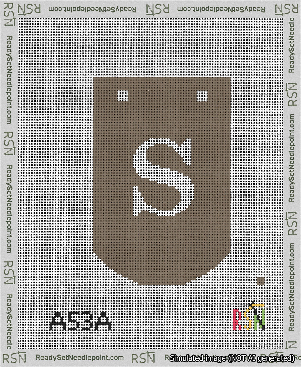 A taped needlepoint canvas with the design: Banner 13 mesh count Curved S White on Brown.