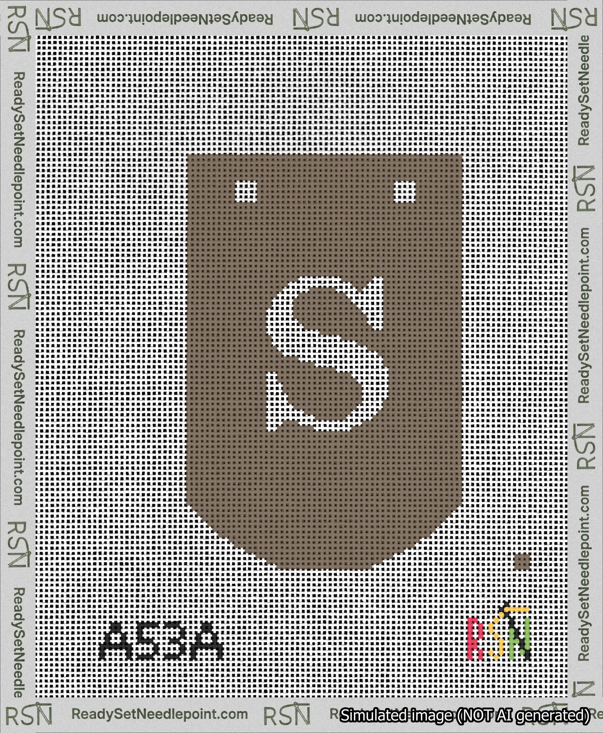 A taped needlepoint canvas with the design: Banner 13 mesh count Curved S White on Brown.