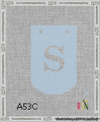 A taped needlepoint canvas with the design: Banner 13 mesh count Curved S White on Light Blue.