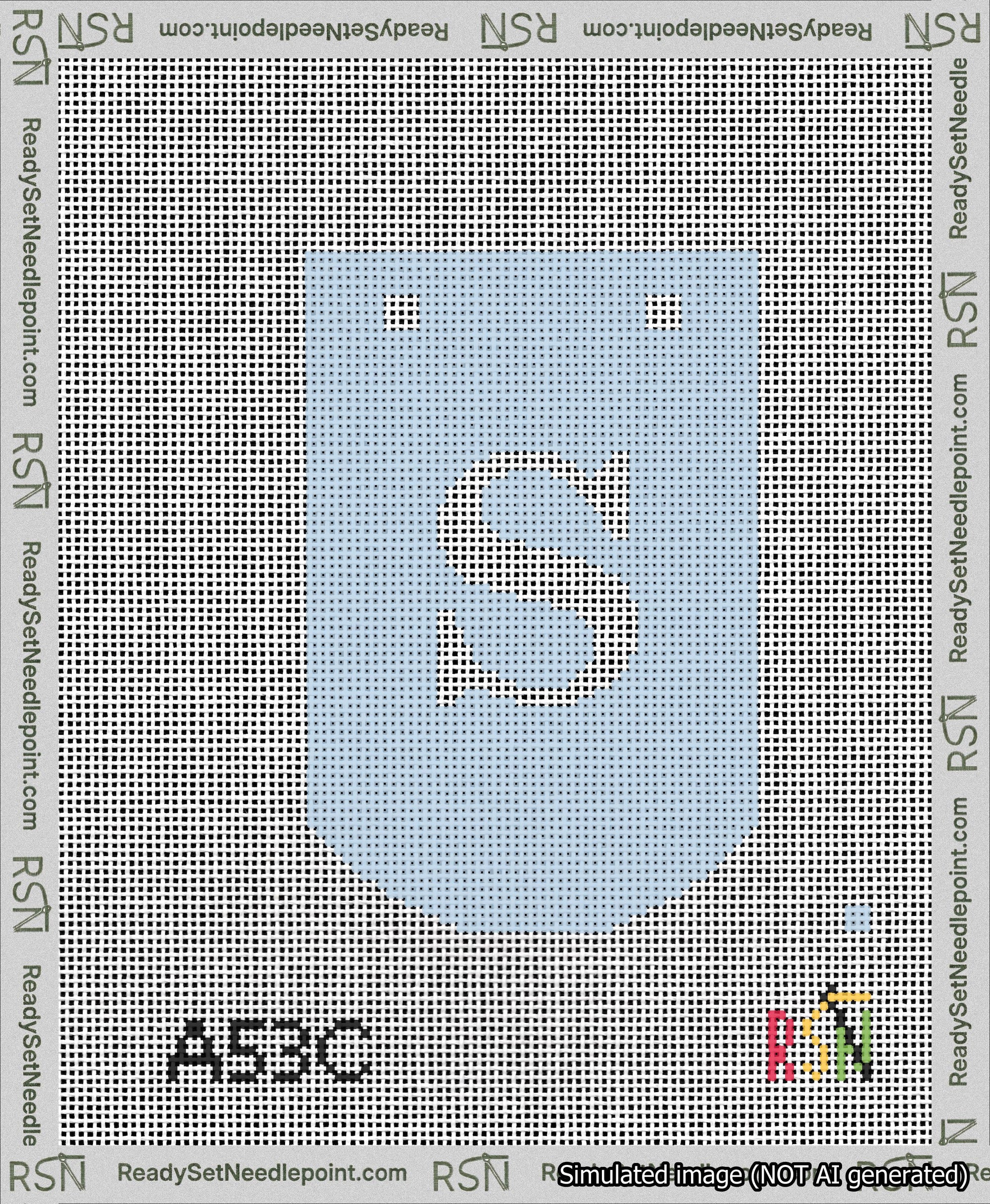 A taped needlepoint canvas with the design: Banner 13 mesh count Curved S White on Light Blue.