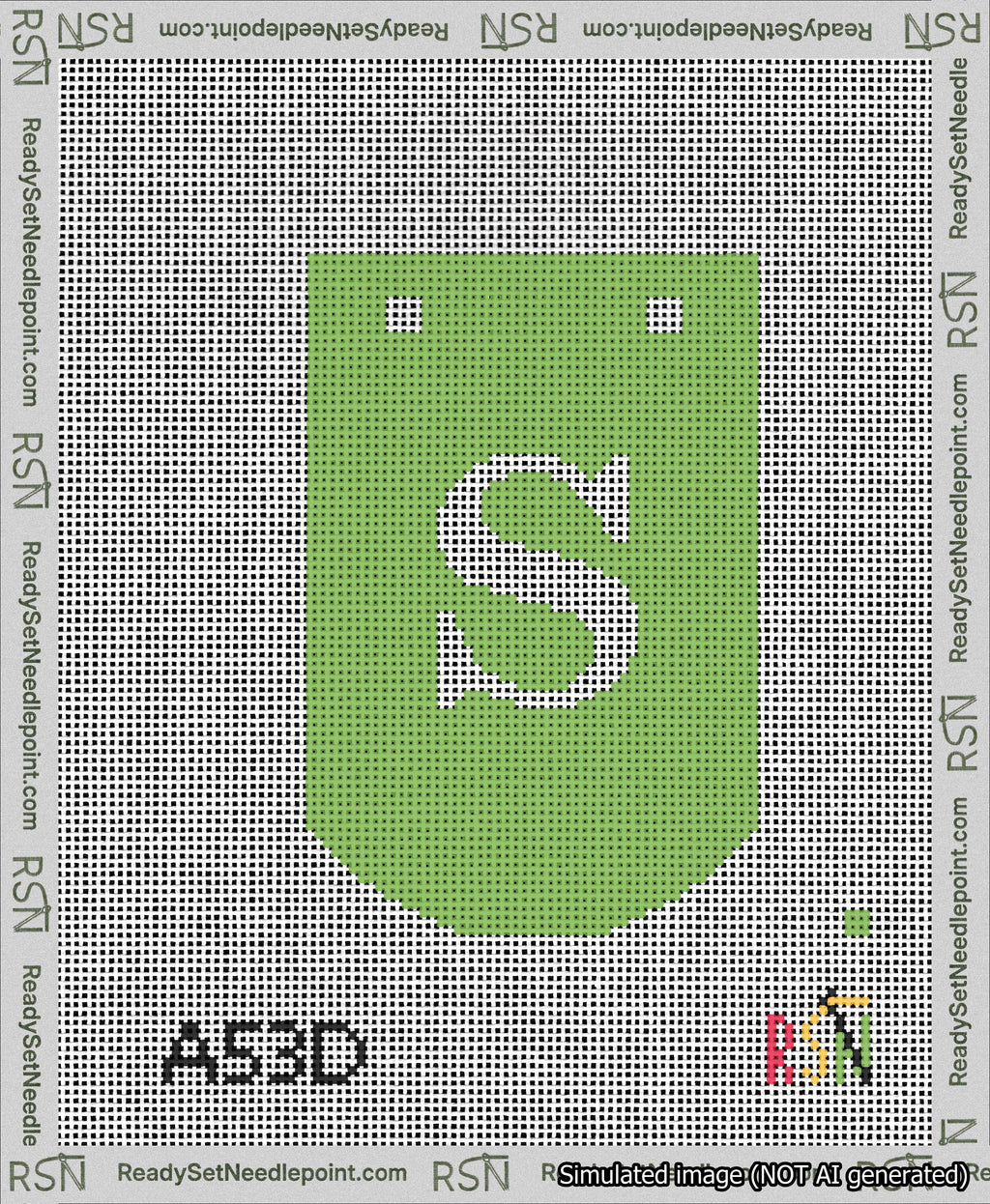 A taped needlepoint canvas with the design: Banner 13 mesh count Curved S White on Light Green.