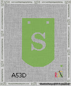 A taped needlepoint canvas with the design: Banner 13 mesh count Curved S White on Light Green.