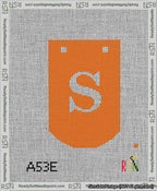 A taped needlepoint canvas with the design: Banner 13 mesh count Curved S White on Orange.