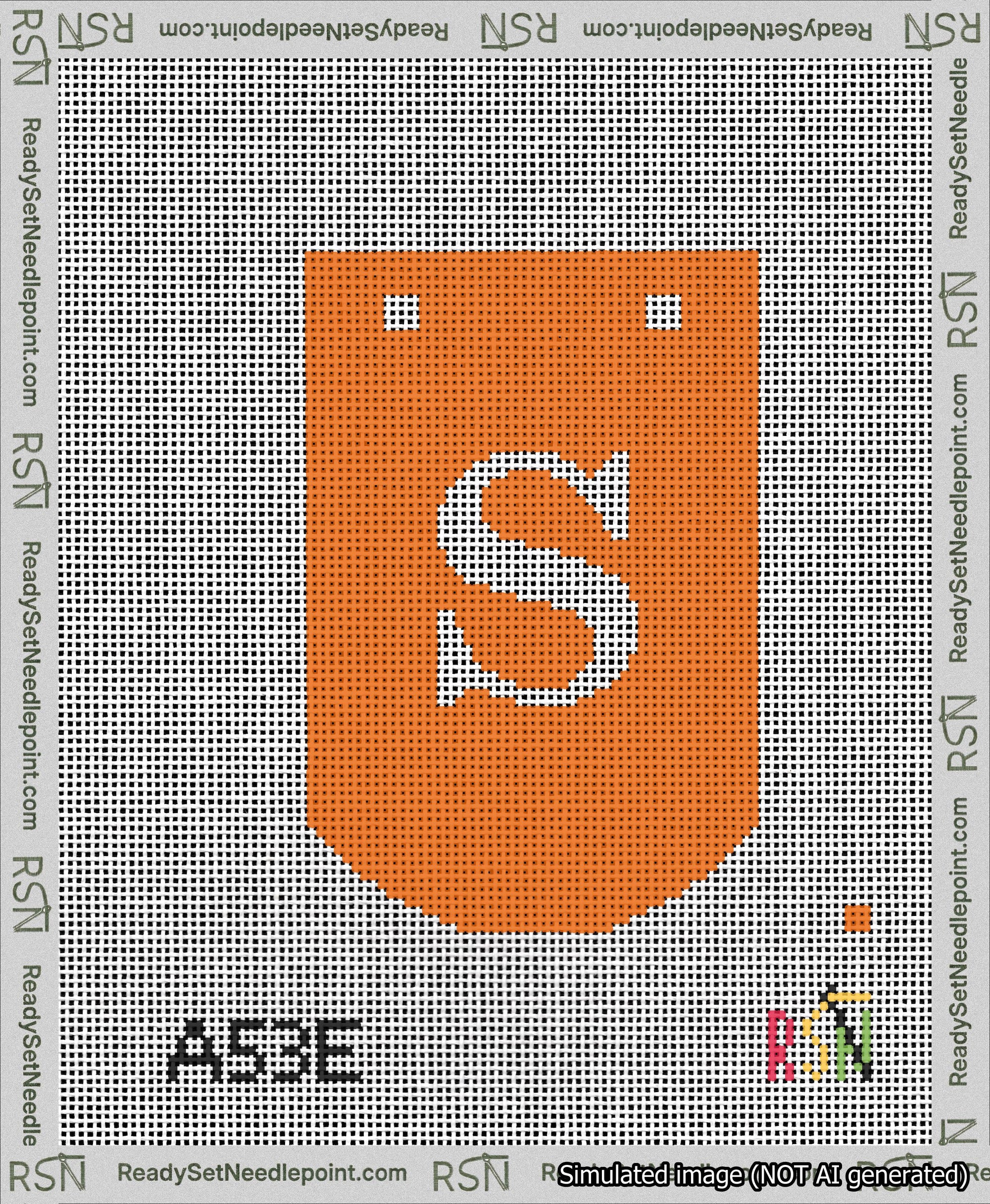 A taped needlepoint canvas with the design: Banner 13 mesh count Curved S White on Orange.