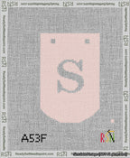 A taped needlepoint canvas with the design: Banner 13 mesh count Curved S White on Pink.