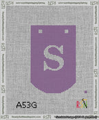 A taped needlepoint canvas with the design: Banner 13 mesh count Curved S White on Purple.