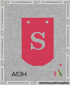 A taped needlepoint canvas with the design: Banner 13 mesh count Curved S White on Red.