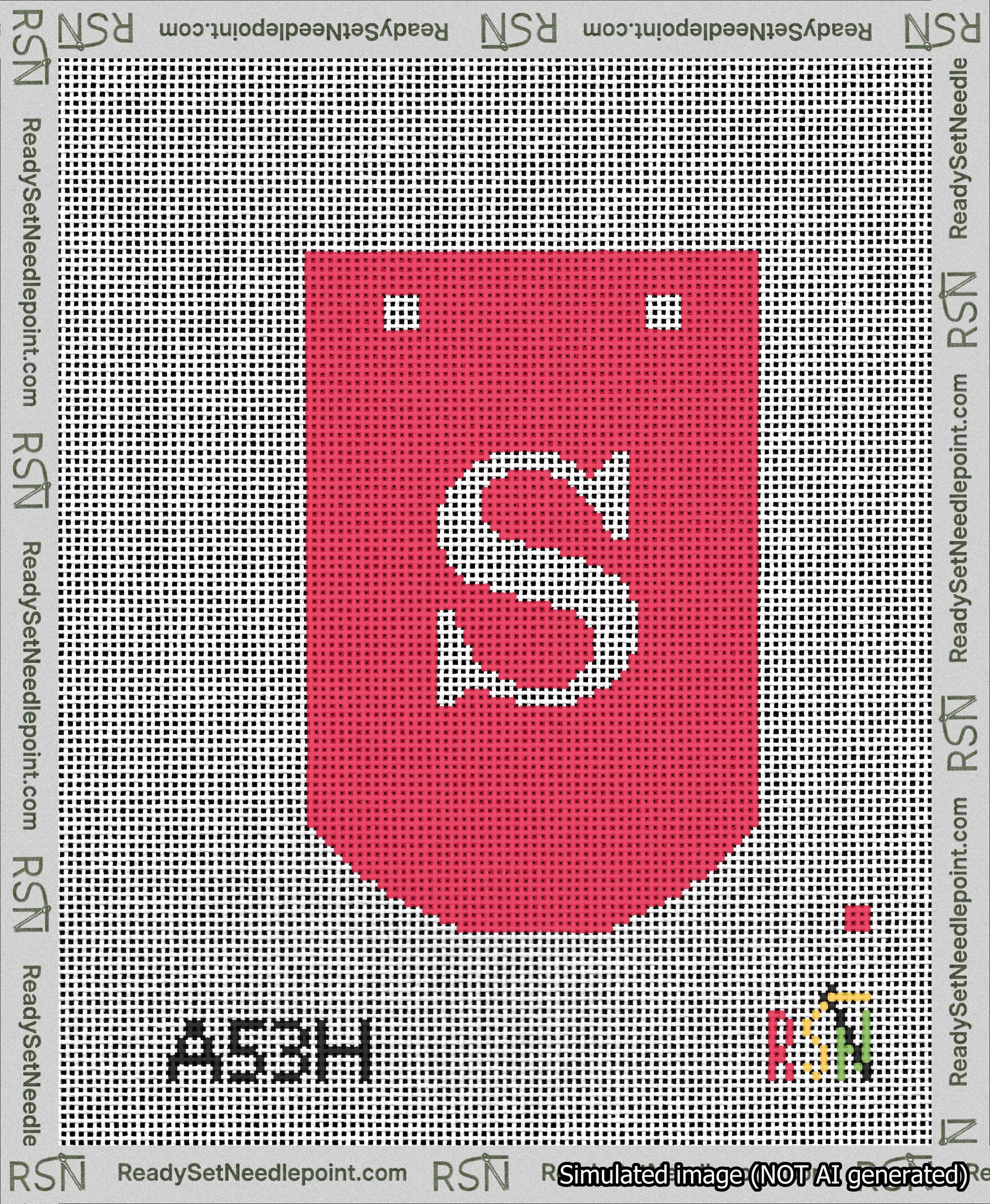 A taped needlepoint canvas with the design: Banner 13 mesh count Curved S White on Red.