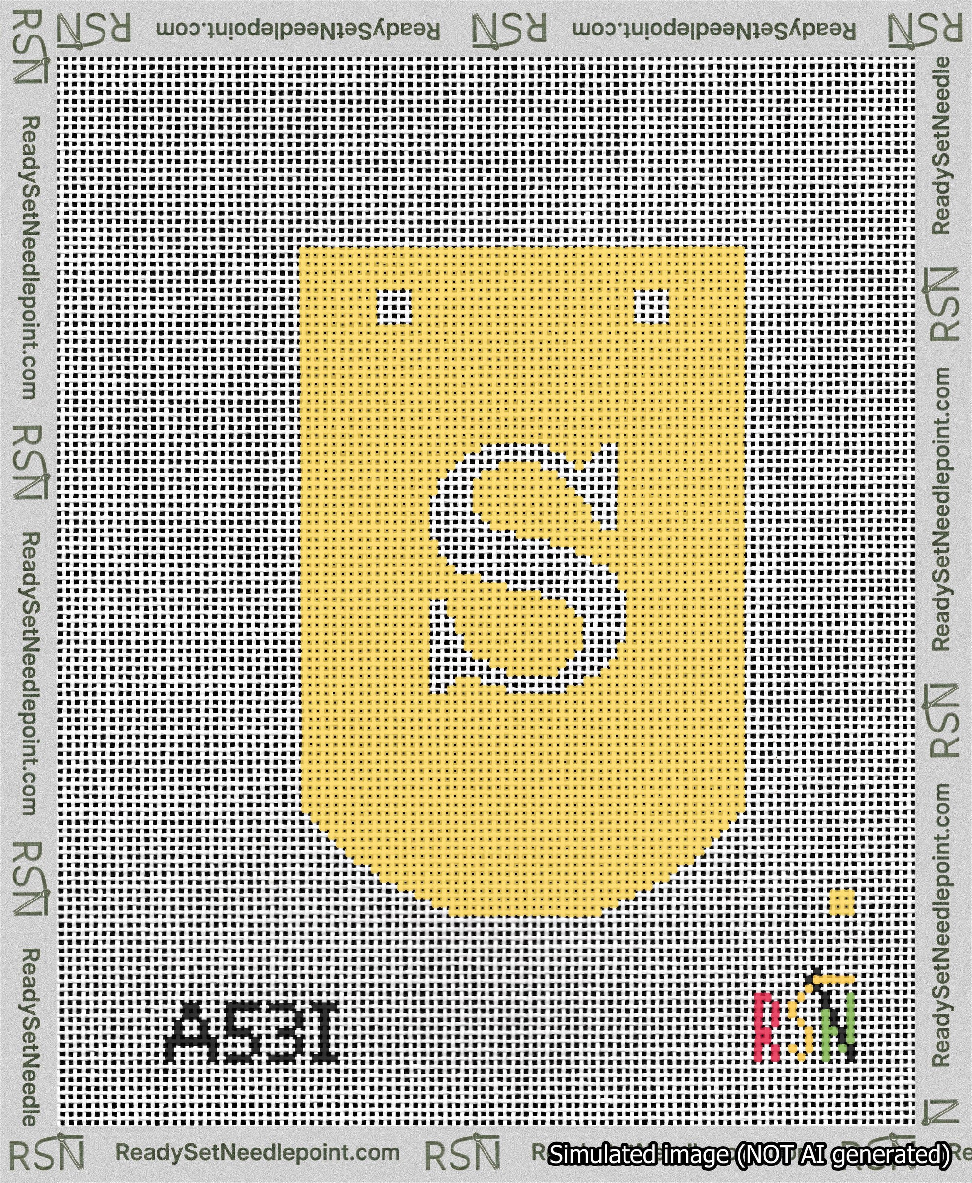 A taped needlepoint canvas with the design: Banner 13 mesh count Curved S White on Yellow.