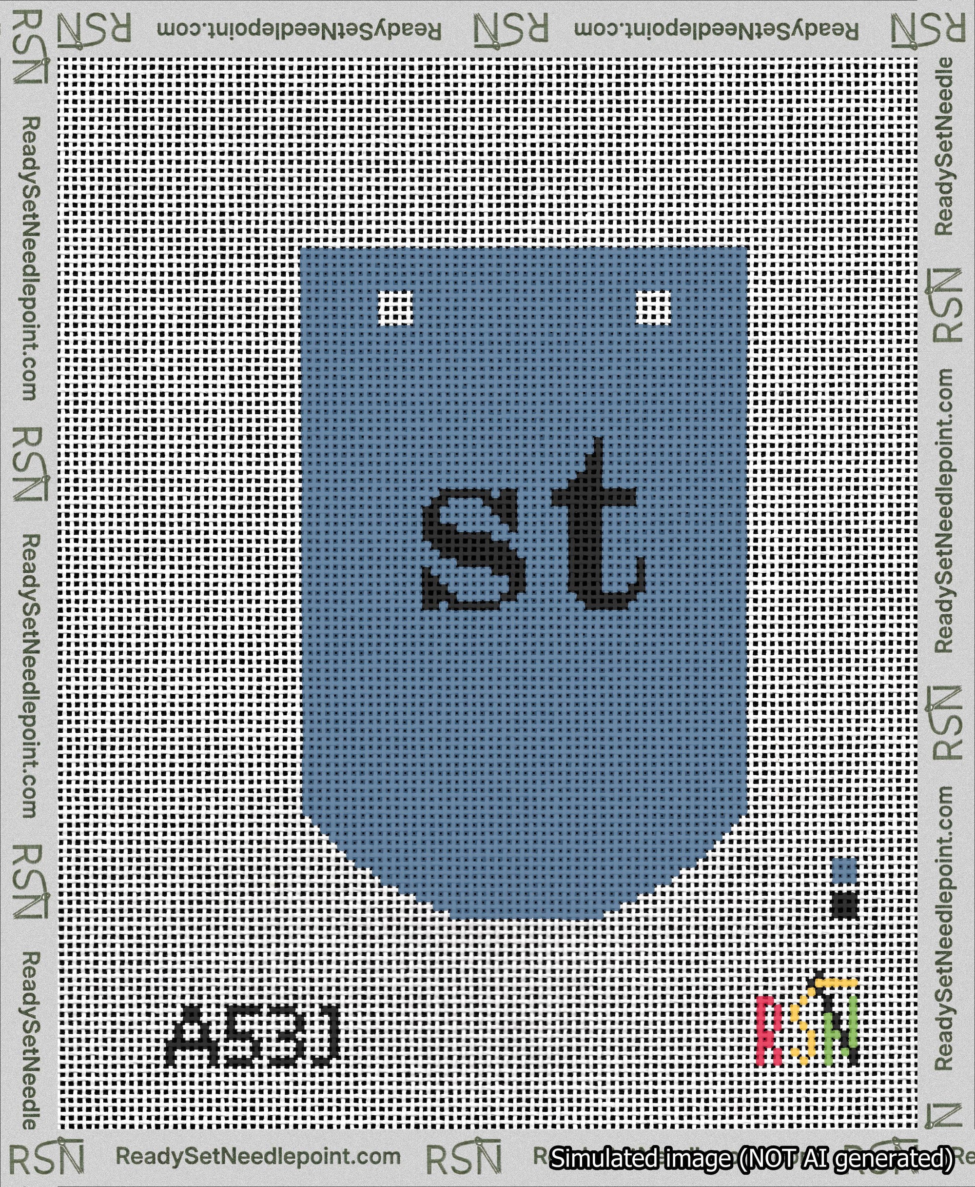 A taped needlepoint canvas with the design: Banner 13 mesh count Curved st Black on Blue.