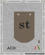 A taped needlepoint canvas with the design: Banner 13 mesh count Curved st Black on Brown.