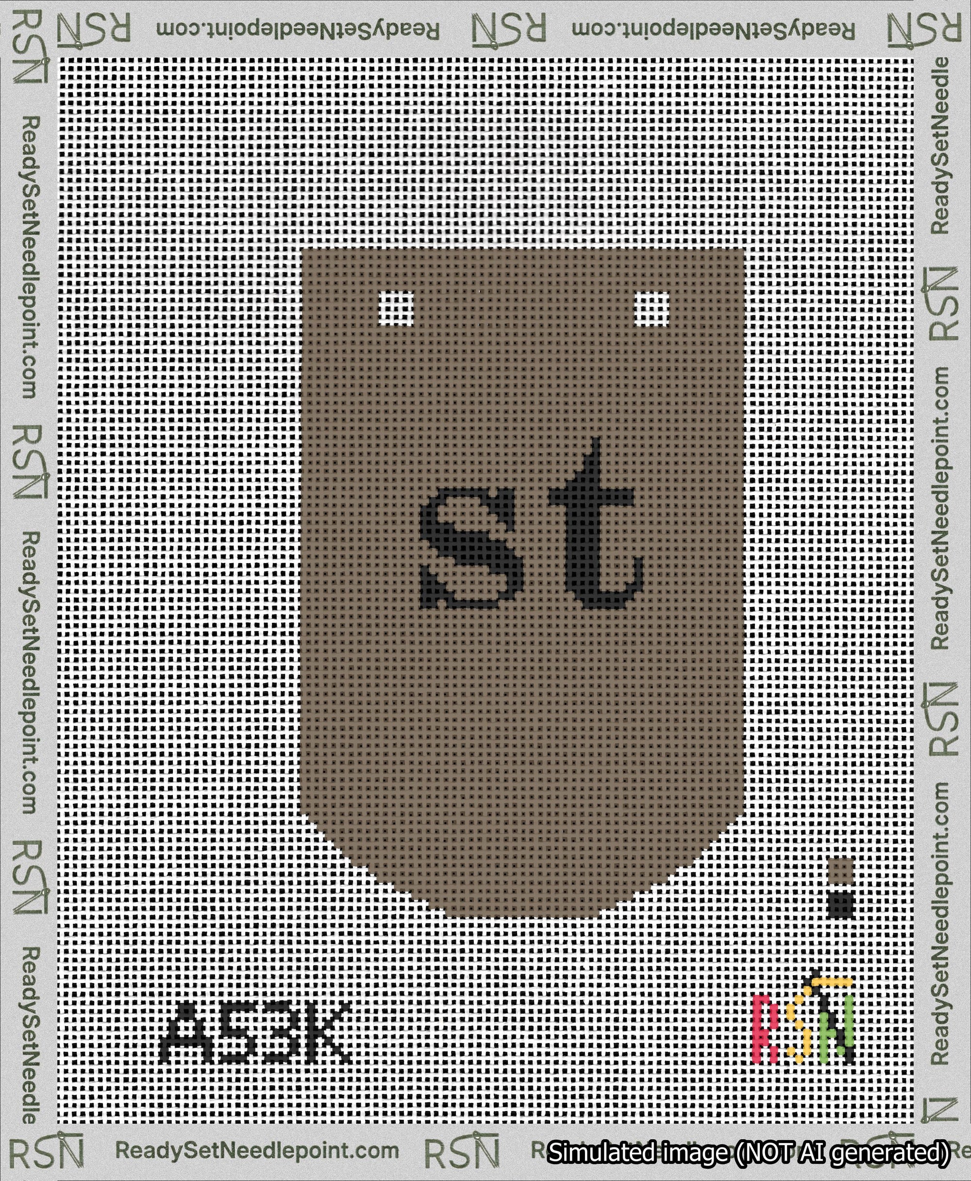 A taped needlepoint canvas with the design: Banner 13 mesh count Curved st Black on Brown.