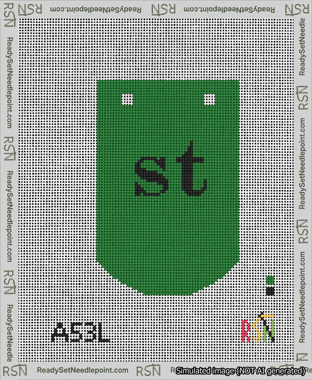 A taped needlepoint canvas with the design: Banner 13 mesh count Curved st Black on Green.