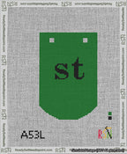 A taped needlepoint canvas with the design: Banner 13 mesh count Curved st Black on Green.